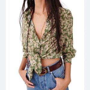 Ba&sh Tarmac Blouse Green Botanical Leaf Print Knot Front Shirt Sz L